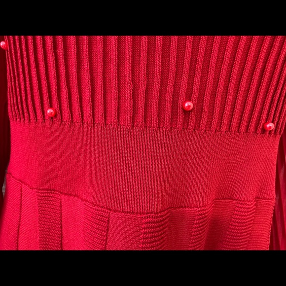 Nanette Lepore Red Ribbed A-Line Dress with Bishop Sleeves - Picture 3 of 6